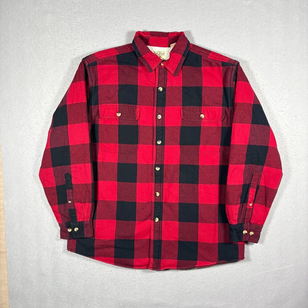 Men’s Red Head Lined Flannel Sherpa Red-Black Buffalo Plaid Long Sleeve Large L